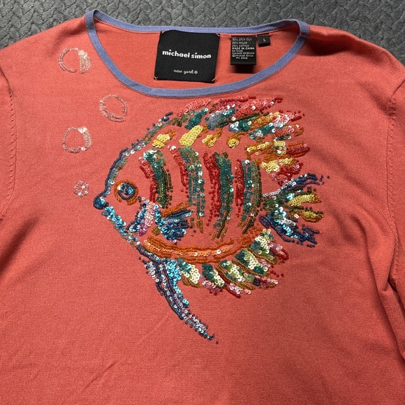 Michael Simon Sweaters - Michael Simon New York Sweater Large Spun Silk Coral Tropical Fish Sequin‎ Bead